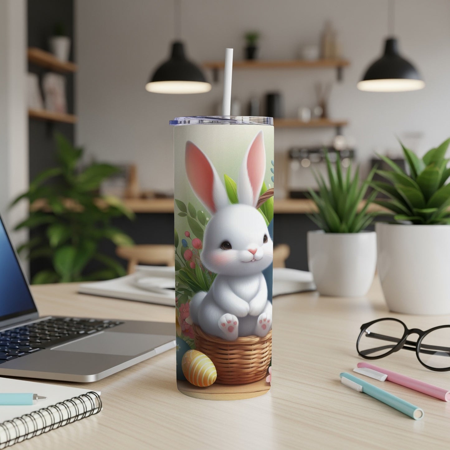 White bunny with basket and Easter egg on a tumbler.