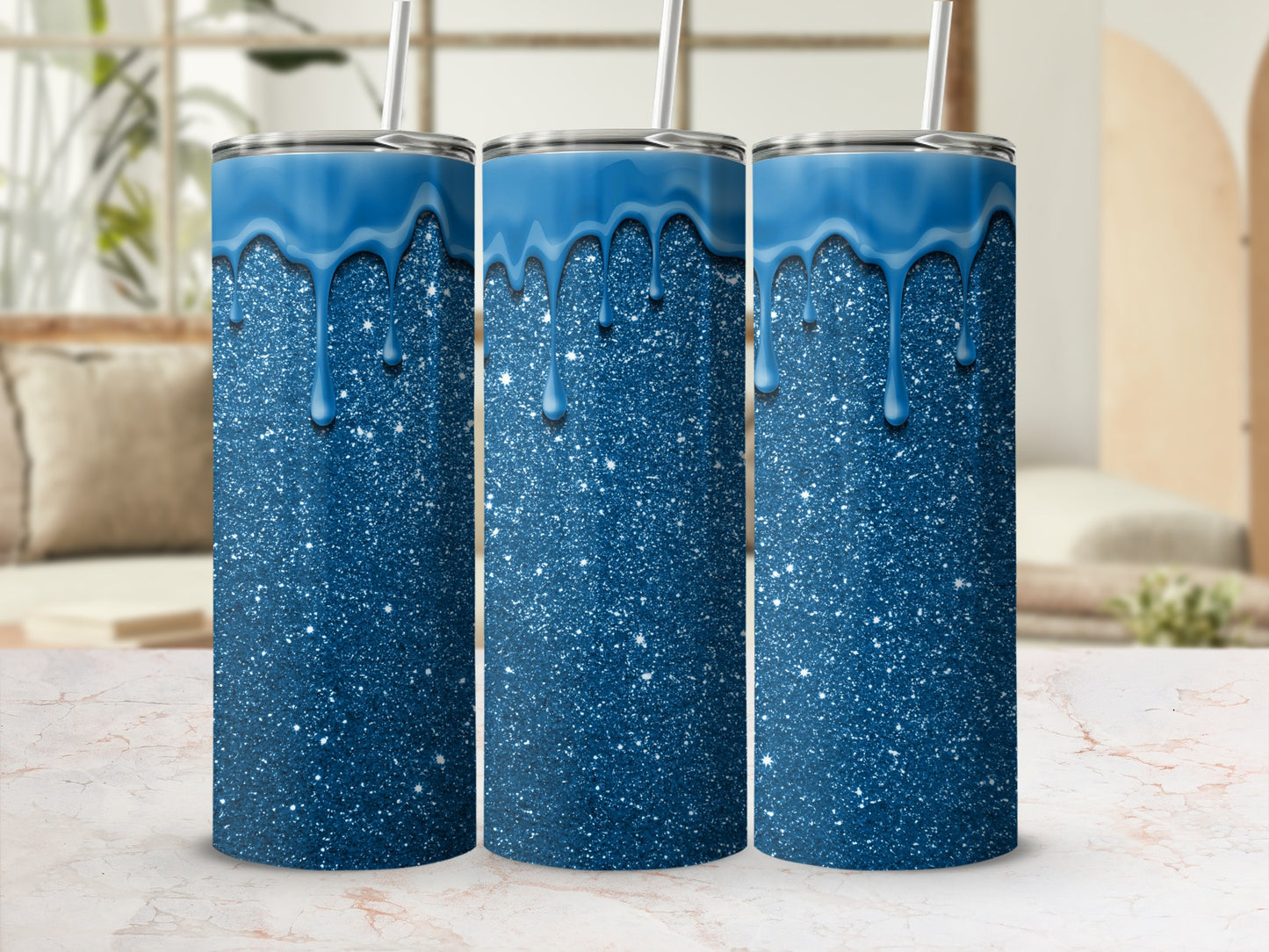 Sparkling Blue Glitter Tumbler with Dripping Detail