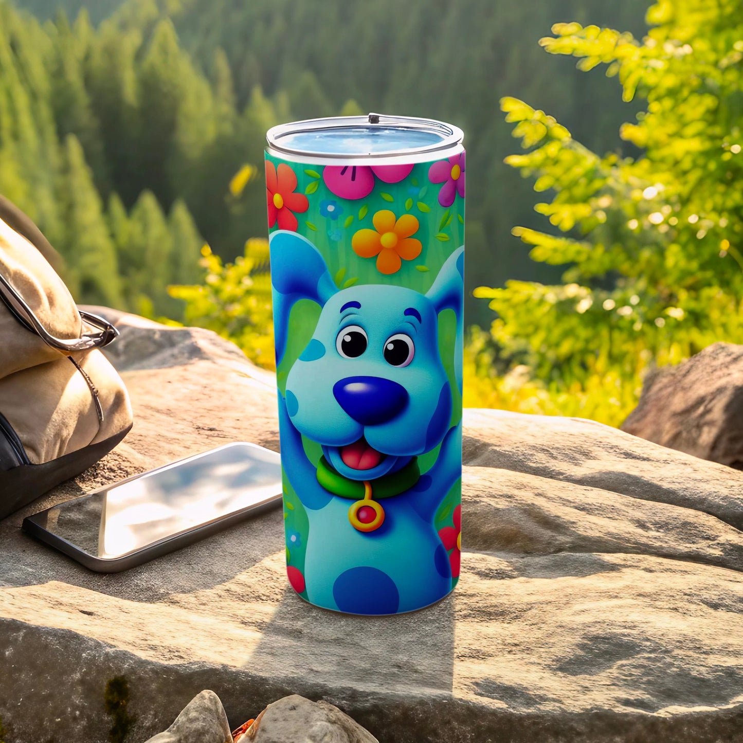 Colorful Dog and Flowers Design Insulated Travel Mug