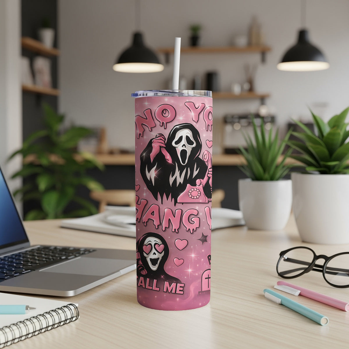 Pink tumbler with Ghostface graphic, "NO YOU HANG UP" and "CALL ME".