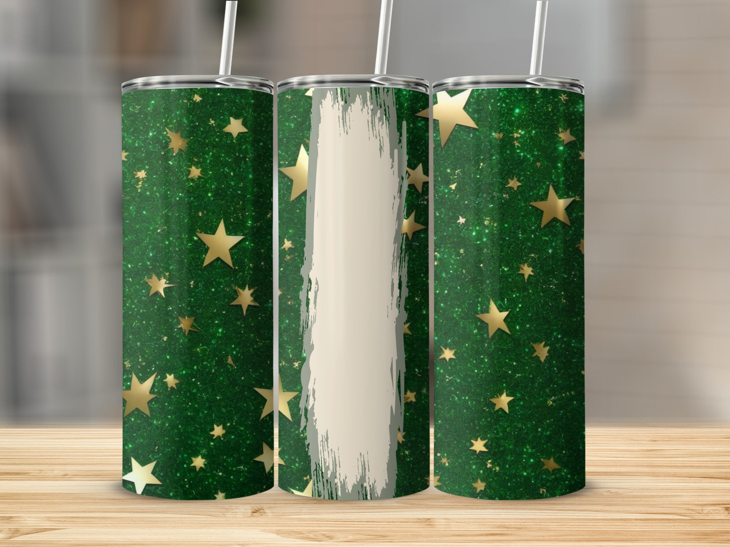 Green tumbler with gold stars and a distressed cream brush stroke design.