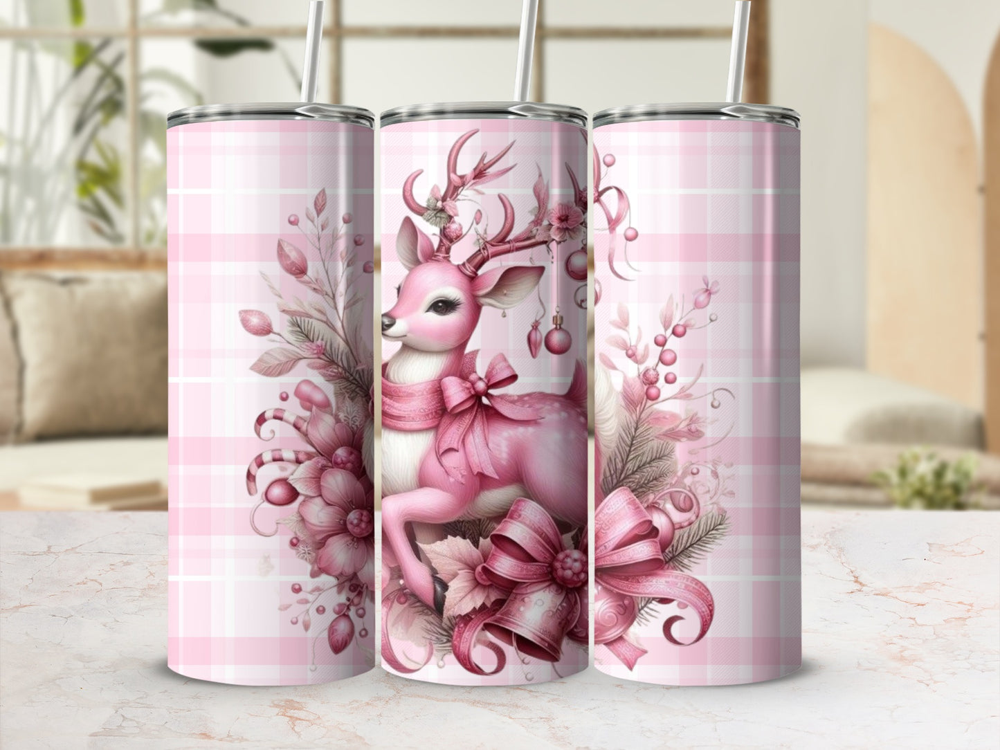 Pink Plaid Reindeer Tumbler with Flower Accents