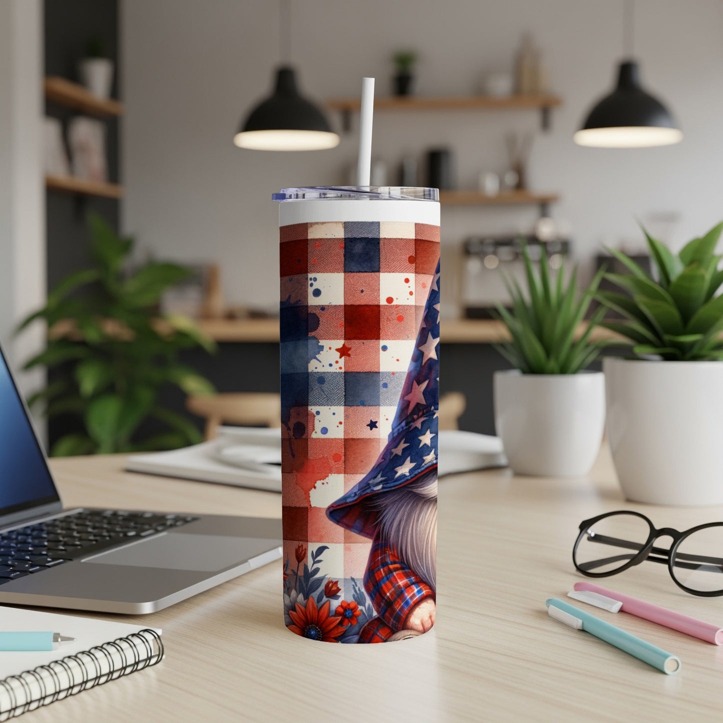 Patriotic gnome tumbler with red, white, and blue plaid and stars.