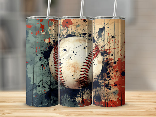 Three baseball tumblers with abstract paint splatter designs.