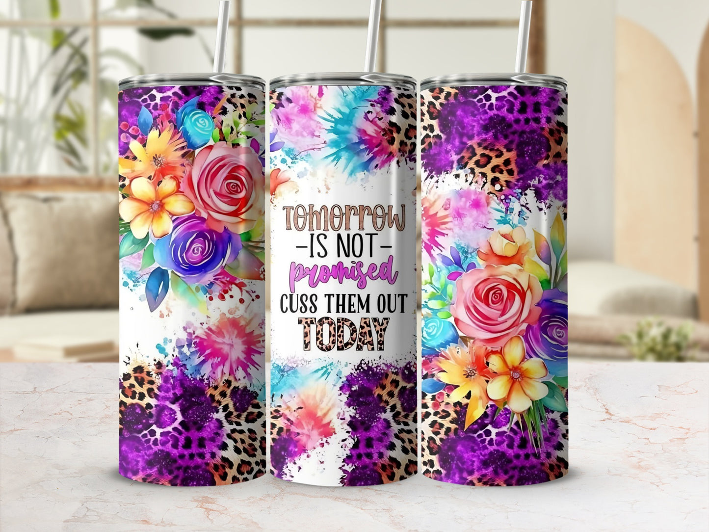 Colorful Leopard and Floral Motivational Tumbler