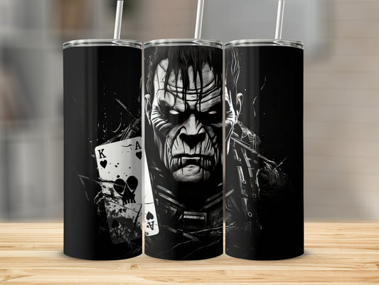 Triptych of black tumblers featuring a monster illustration with playing cards.