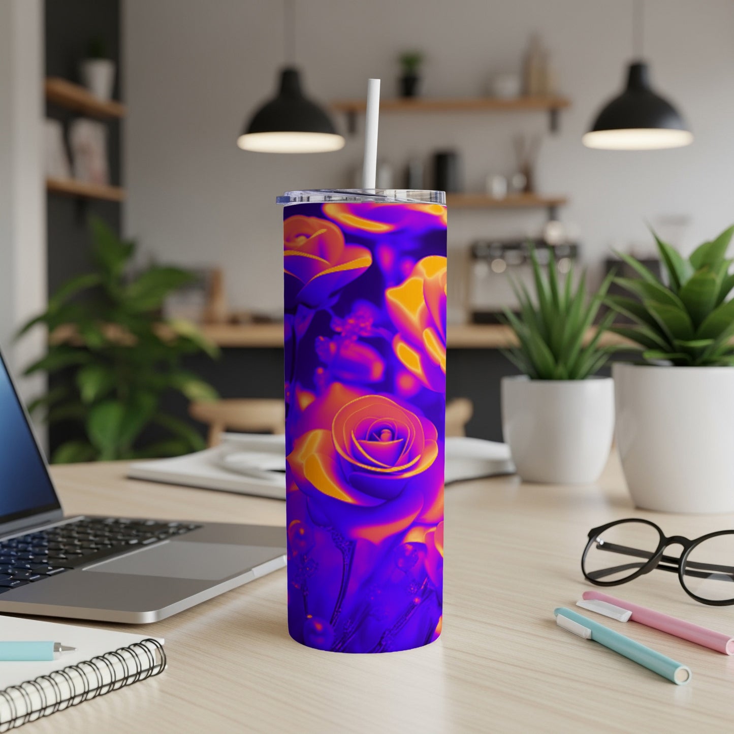 Tall tumbler with a vibrant floral rose design in purple and orange hues.