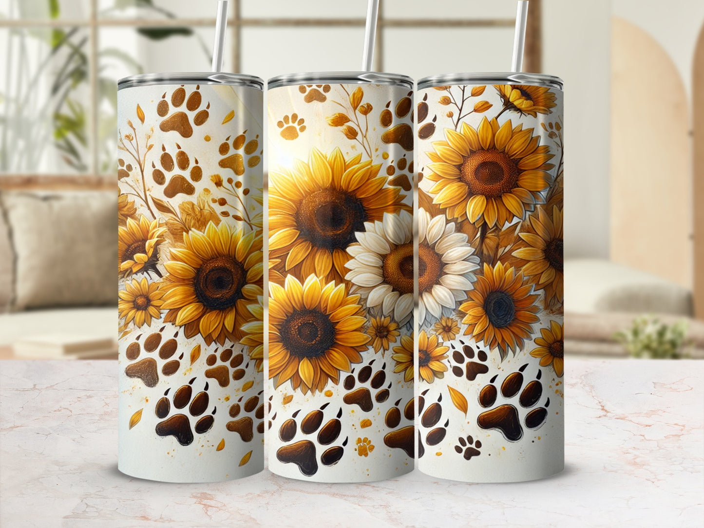 Sunflower and Paw Print Patterned Beverage Container