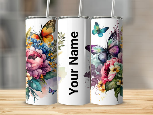 Personalized Floral Butterfly Design Tumbler