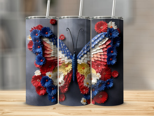 Triptych of tumblers featuring a red, white, and blue butterfly.
