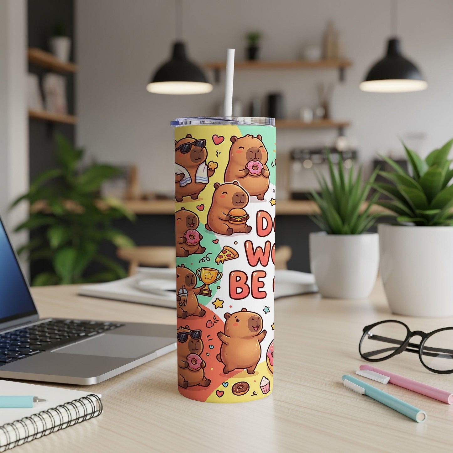 Tumbler with cartoon capybaras holding donuts and coffee, "Do Work" text.