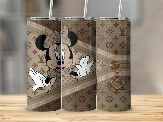 Minnie Mouse on Louis Vuitton-inspired tumbler with gold heart zipper charm.
