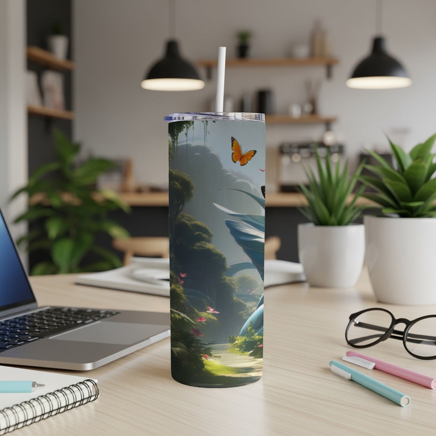 Tall tumbler featuring a fantasy forest scene with butterflies and a winding path.