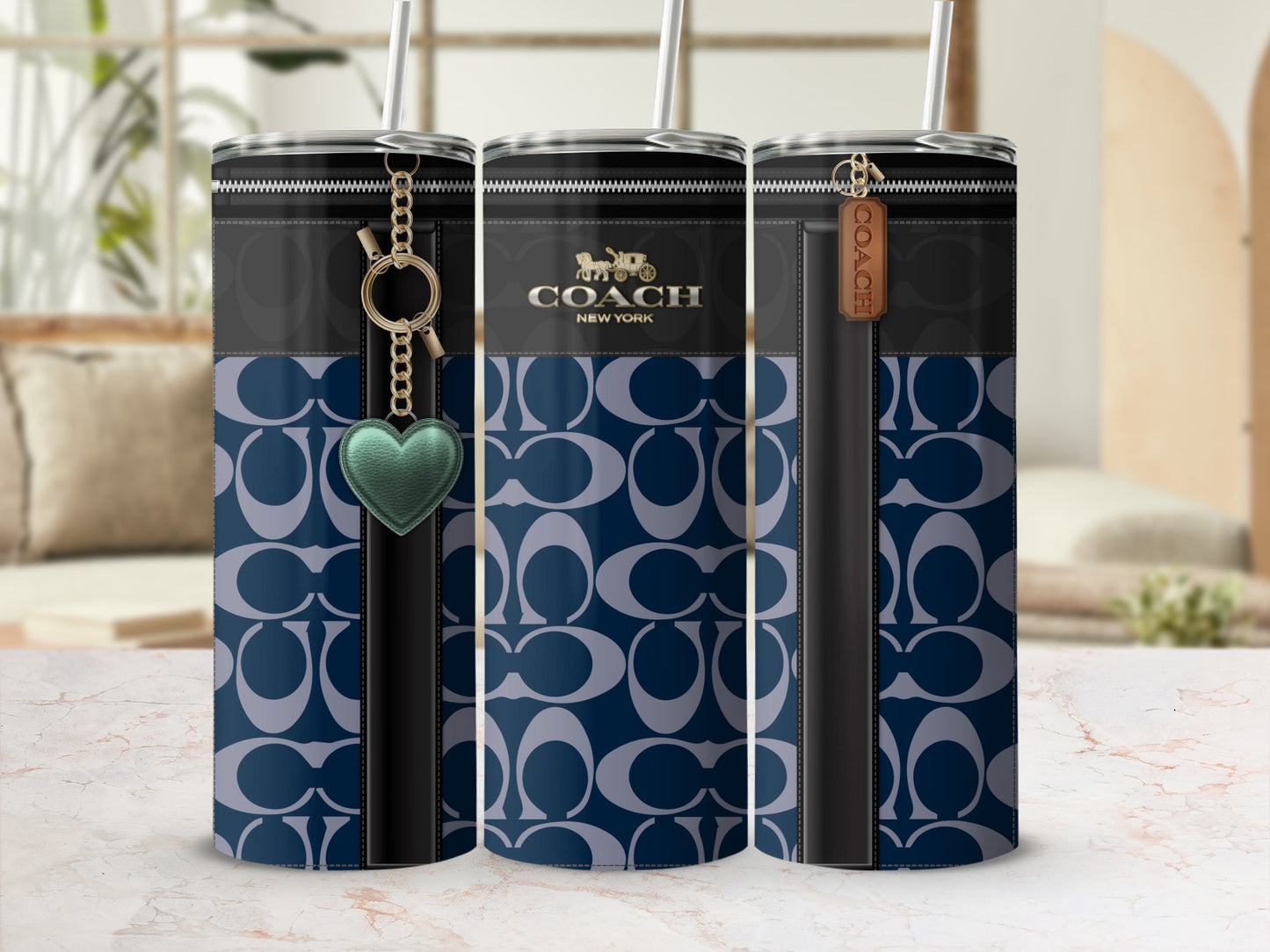 Stylish Coach Patterned Tumbler with Heart and Tag Charm