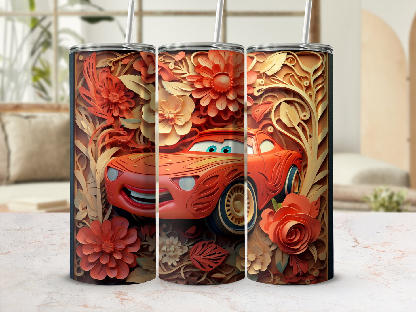 Colorful Car Themed Tumbler With Floral Accents Cup
