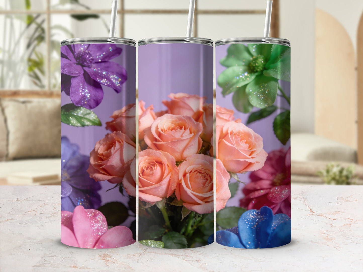 Glittering Floral Patterned Tumbler for an Elegant Look