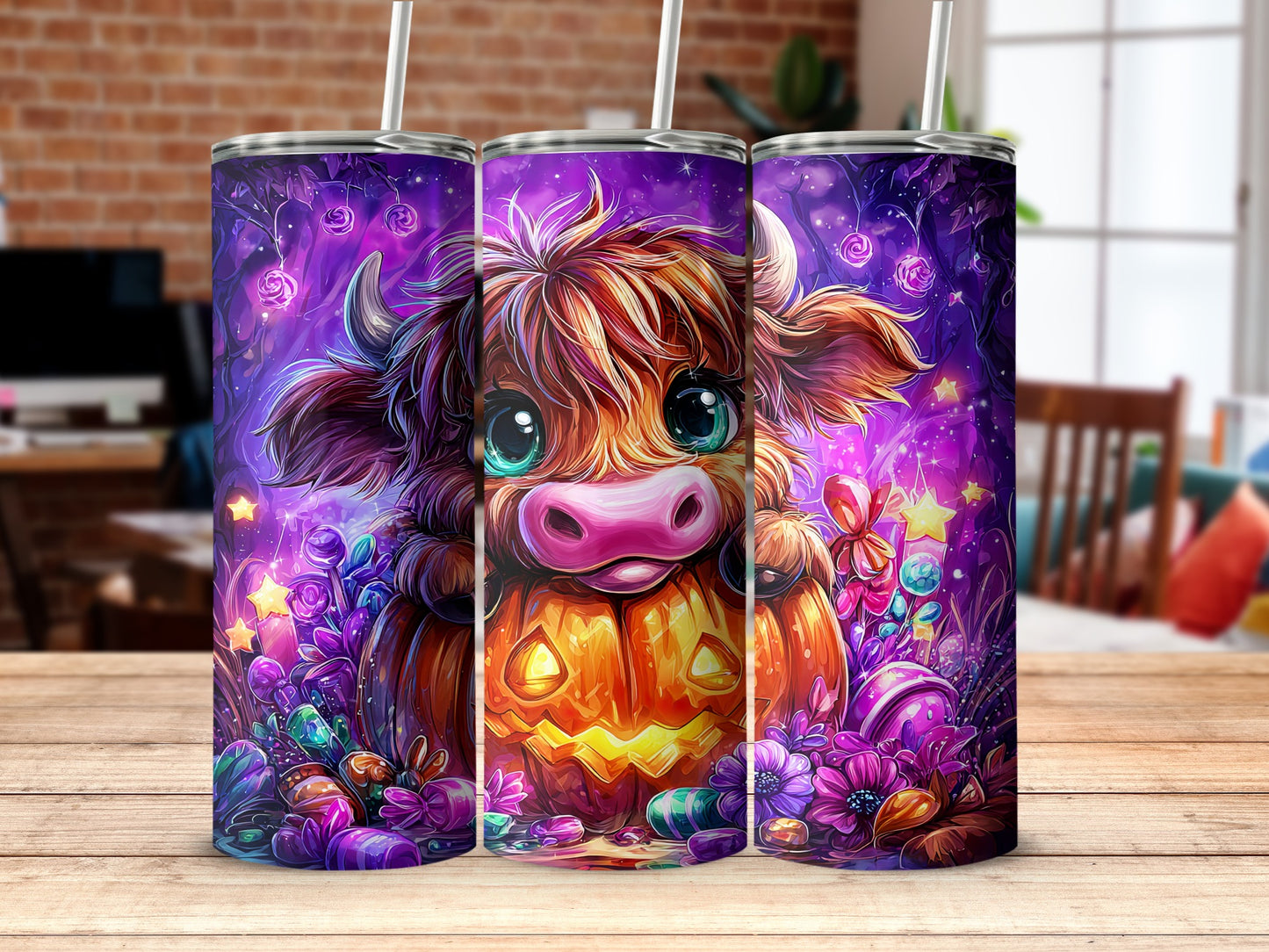 Adorable Highland Cow Pumpkin Tumbler Cup for Halloween