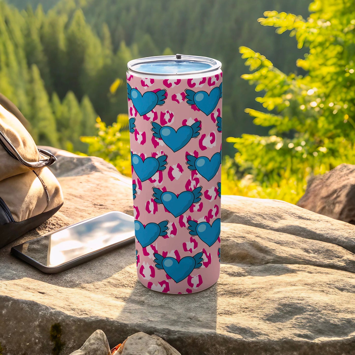 Pink Leopard Print Blue Winged Hearts Tumbler product type