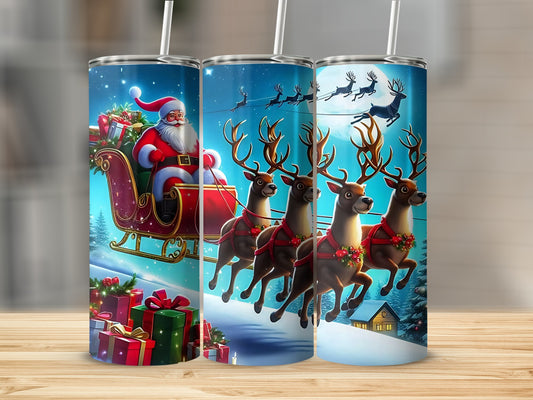 Santa Claus Sleigh Flying Reindeer Christmas Tumbler