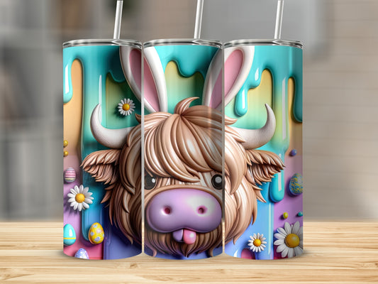 Highland cow with bunny ears and Easter eggs.