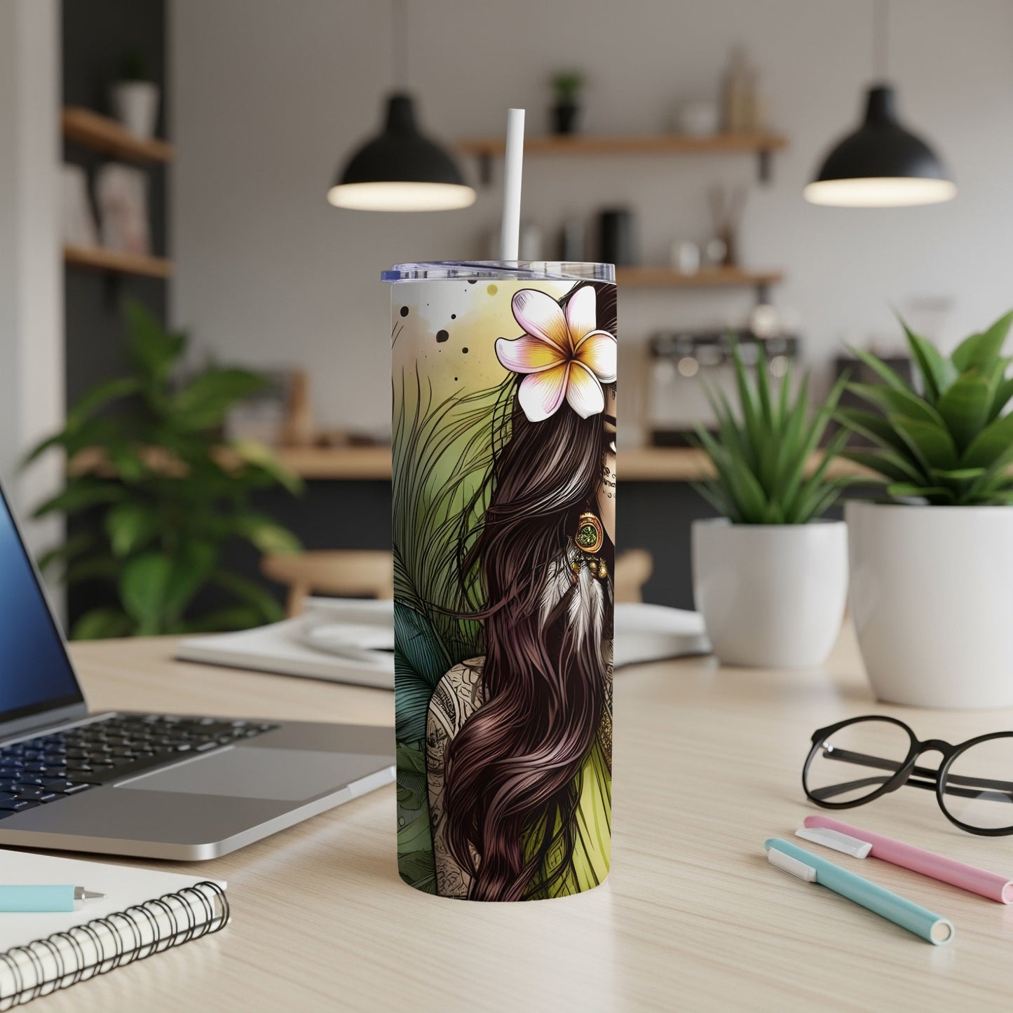 Tumbler featuring a woman with long dark hair, feathers, and flowers.