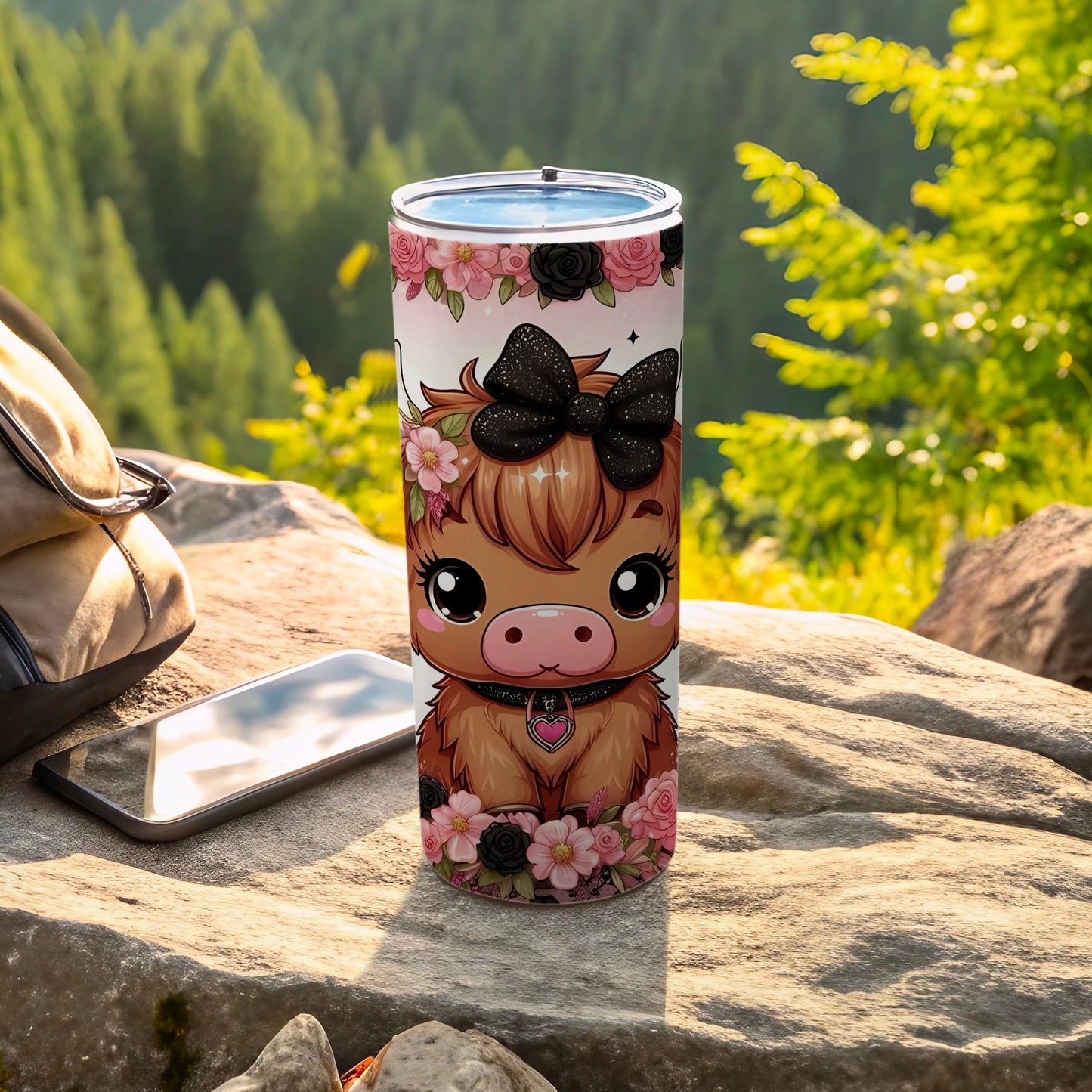 Cute Cartoon Animal Design Tumbler with Floral Accents