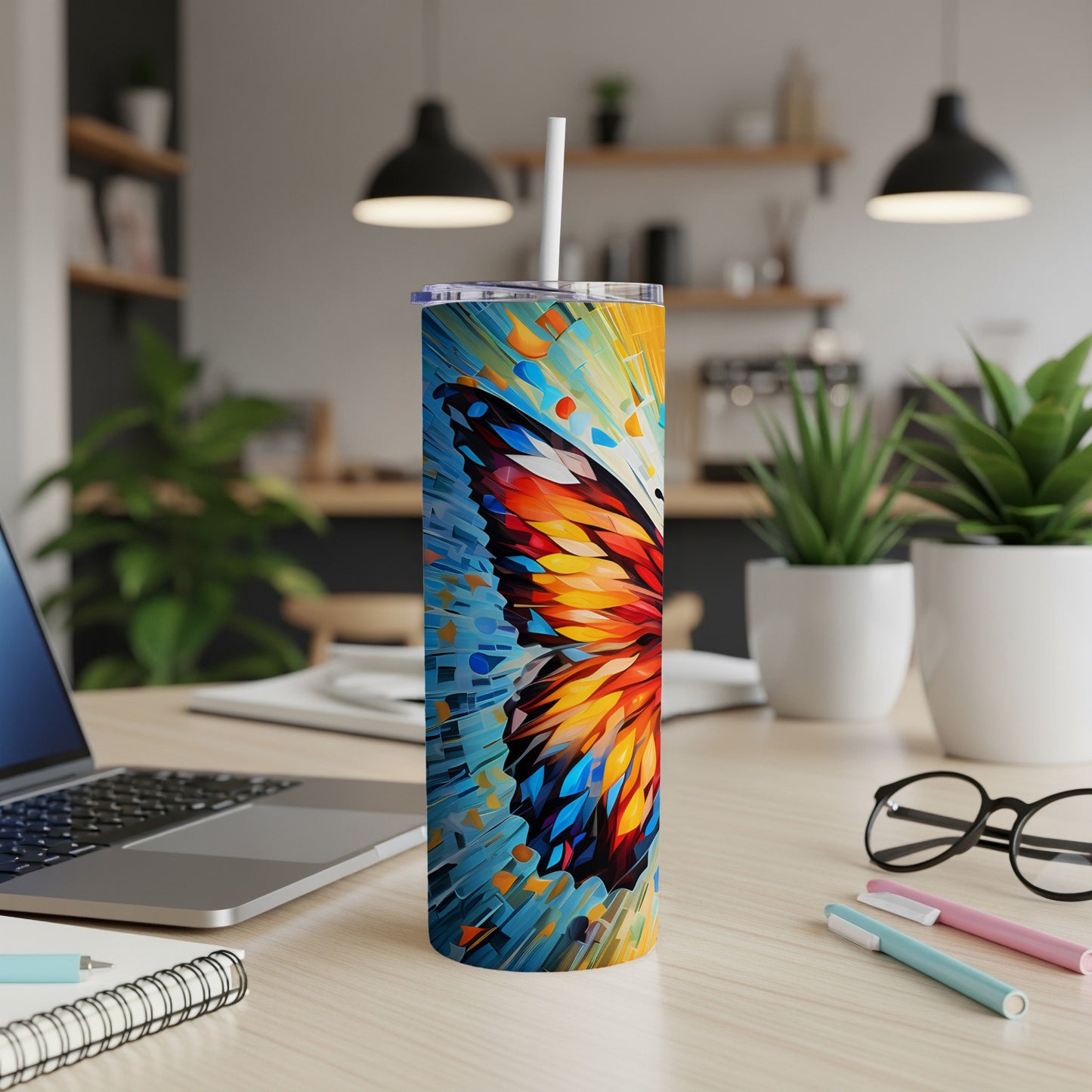 Tumbler with vibrant butterfly wing design on desk with laptop.