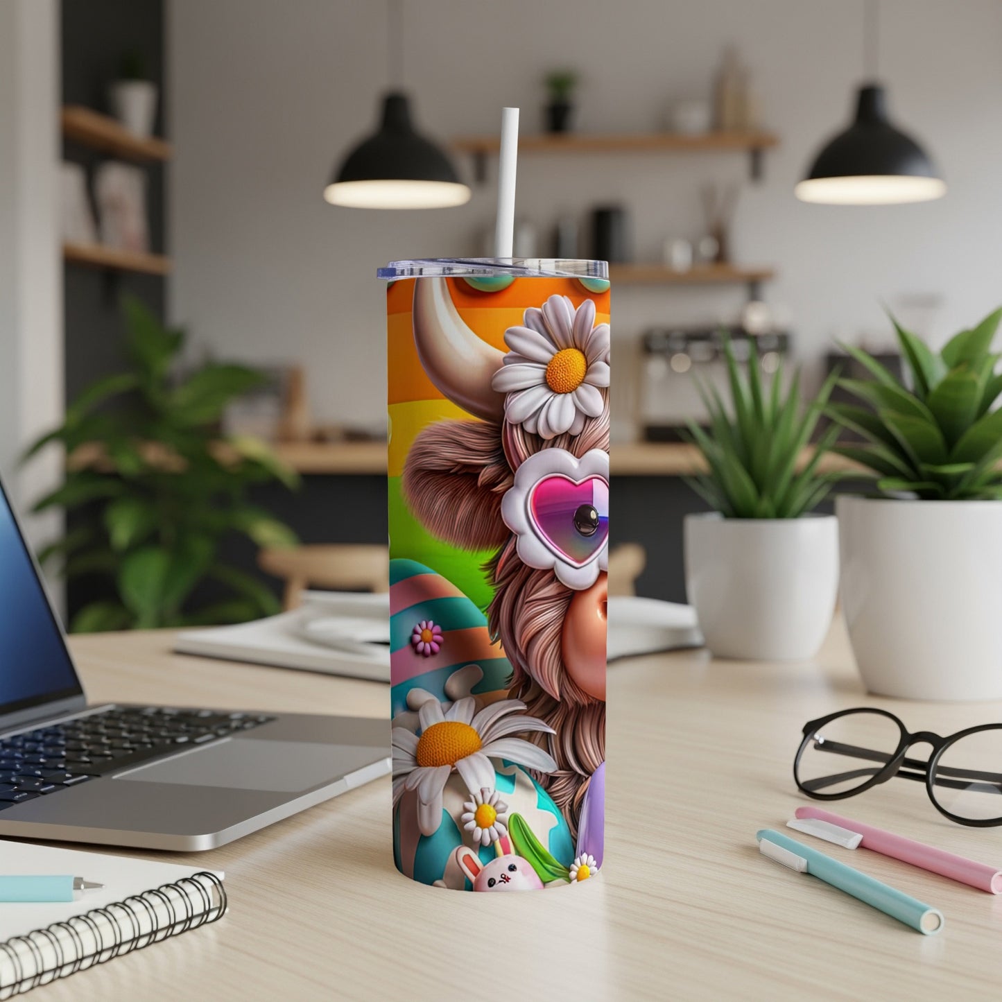 Hickory Hollow "Easter Cow" tumbler with floral, bunny, and egg design.