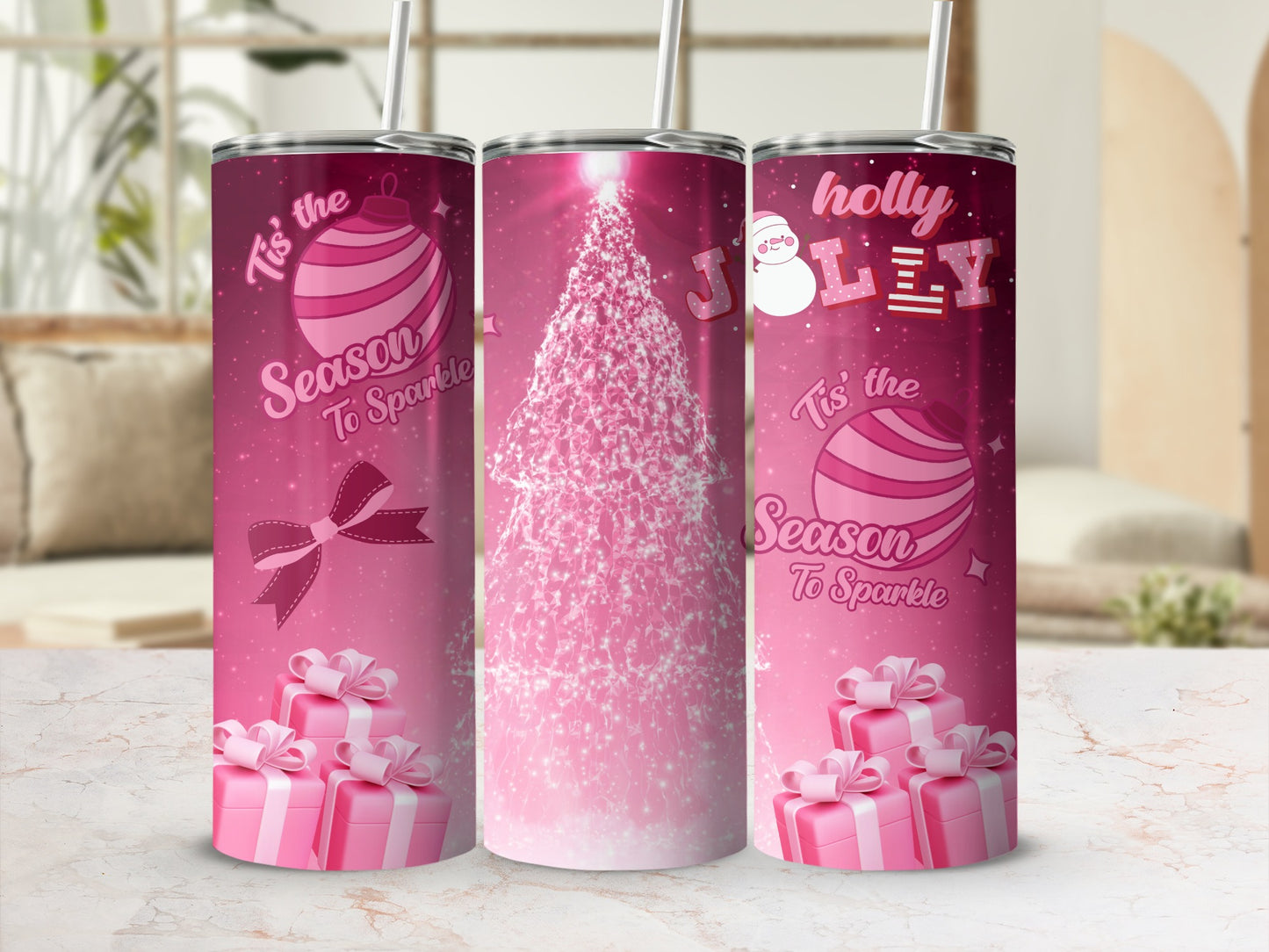 Festive Pink Tumblers with Holiday Designs