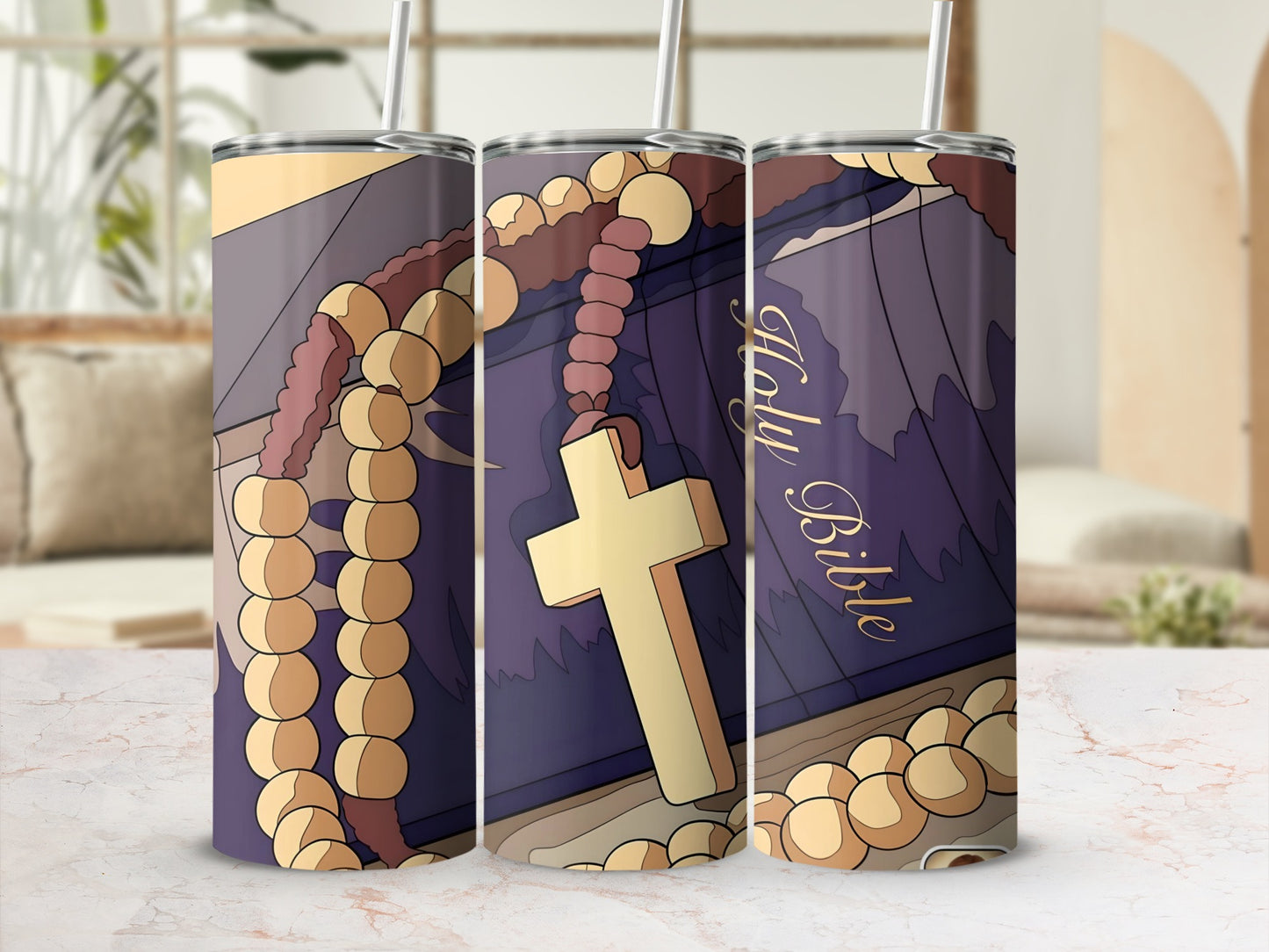 Holy Bible with Rosary Illustration Tumbler Cup
