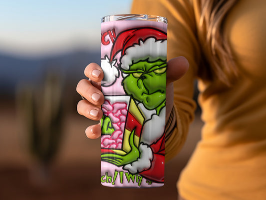 Festive Grinch Holding Brain Themed Tumbler