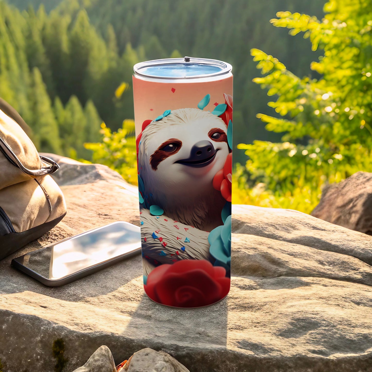 Tumbler with smiling sloth surrounded by red and blue flowers and confetti.