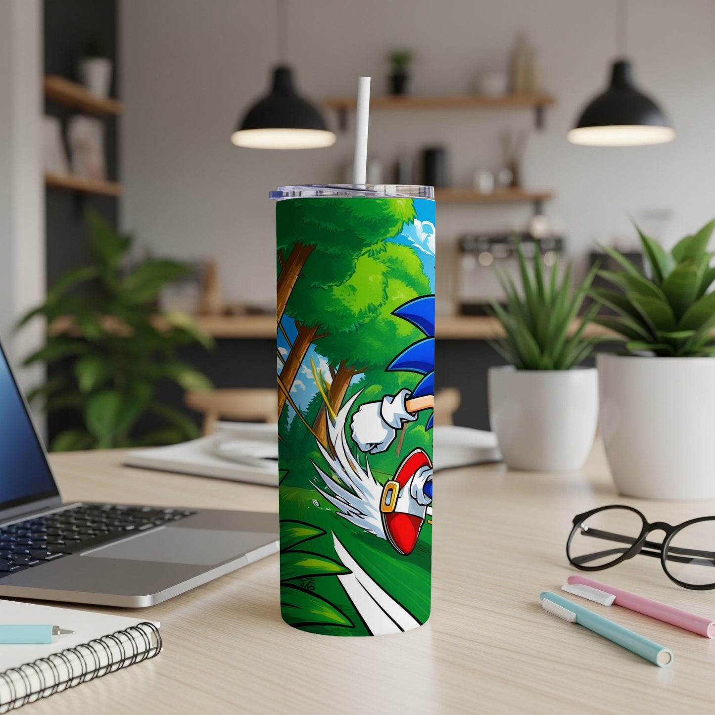 Sonic the Hedgehog running on a green path with trees in the background.