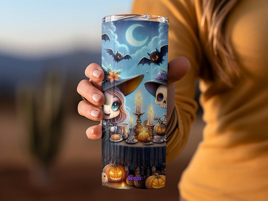 Cute Halloween Scene with Bat and Witch Tumbler