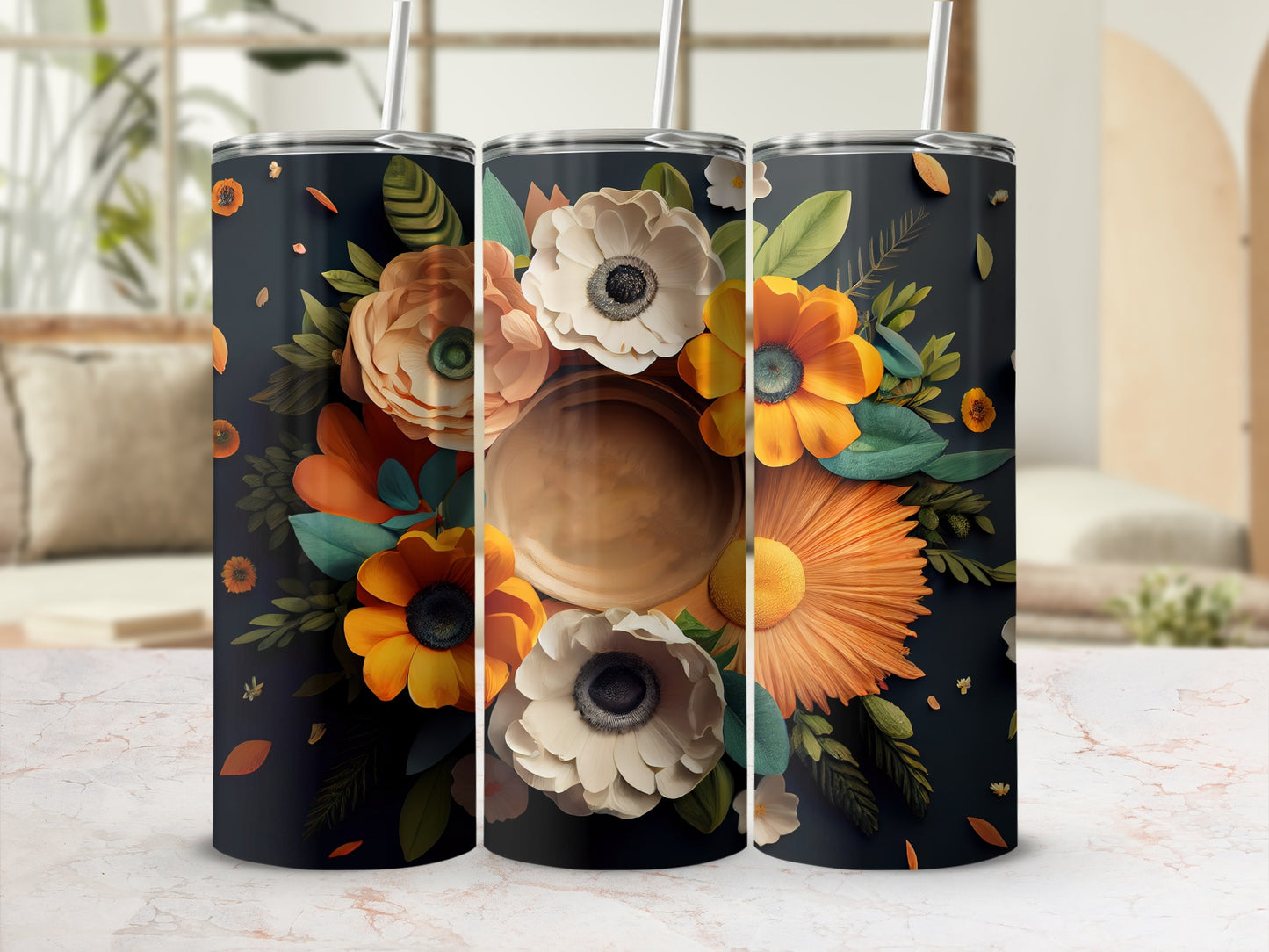 Elegant Dark Floral Design Tumbler with Straw