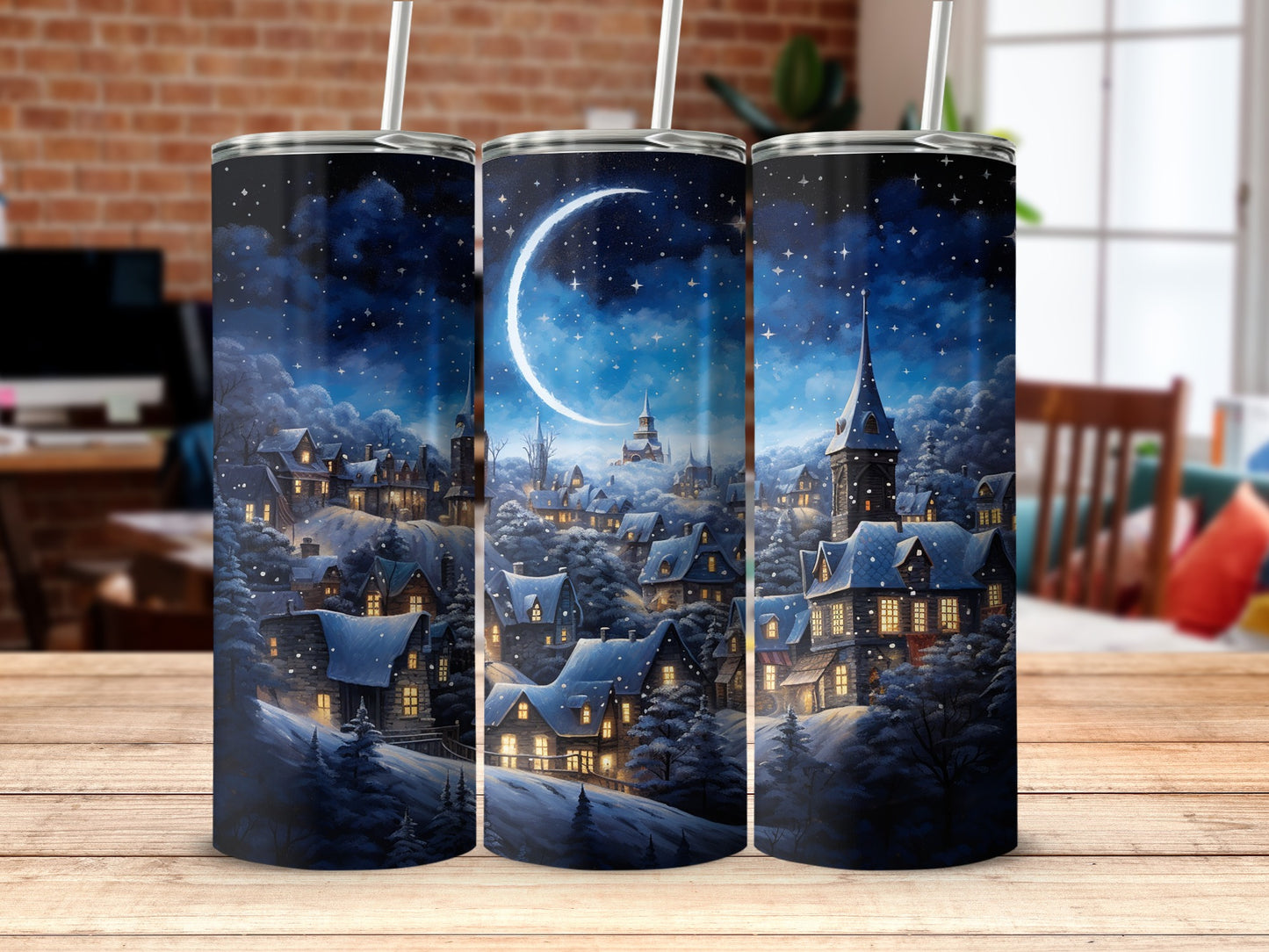 Enchanting Winter Village Scene Night Sky Tumbler