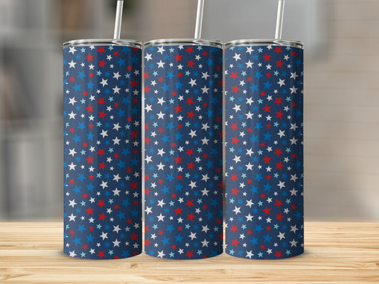 Three tumblers with a red, white, and blue star pattern on a wooden surface.