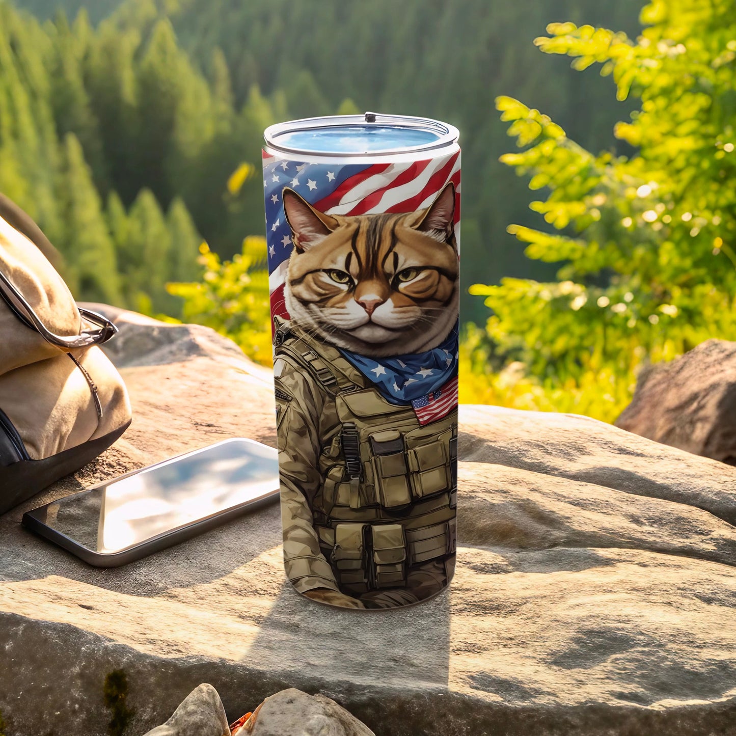 Tumbler with patriotic cat in military uniform and American flag bandana.