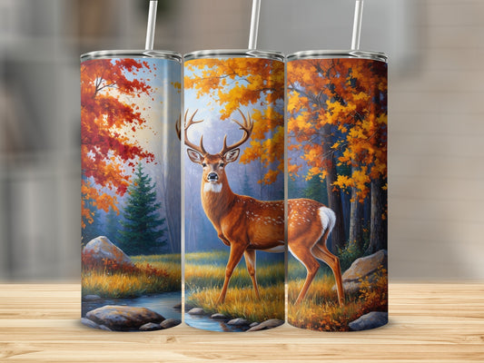 Deer in autumn forest with colorful leaves and stream.