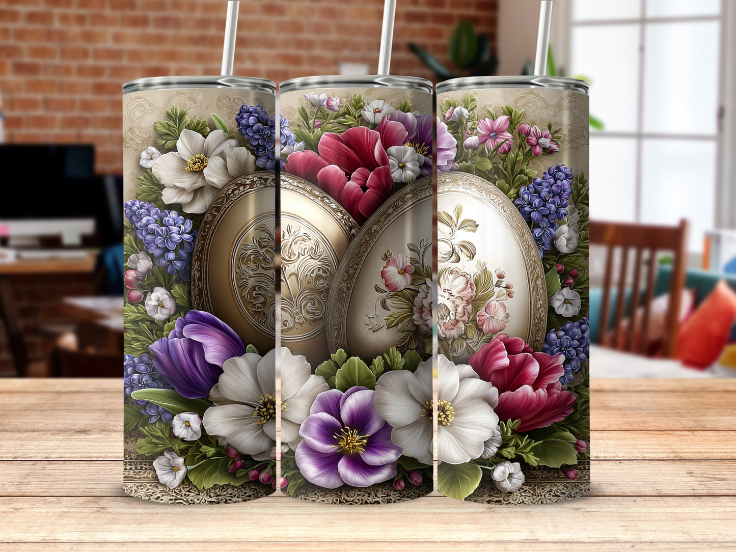Floral Egg Design Tumbler with Elegant Spring Blooms