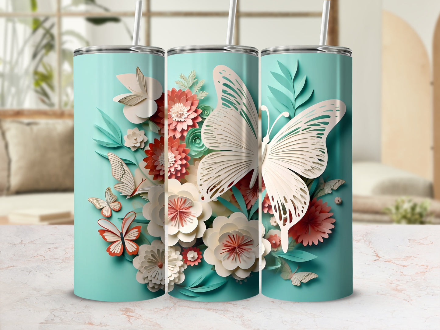 Elegant Floral and Butterfly Design Insulated Tumbler