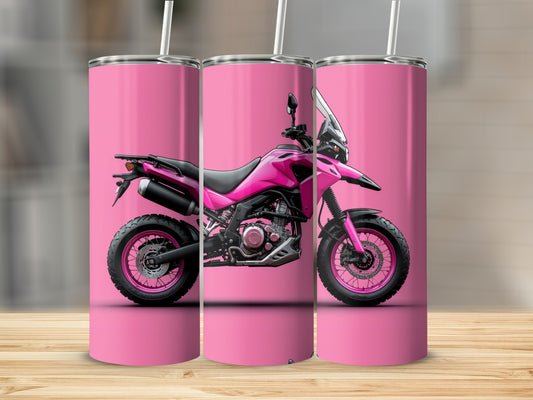 Pink motorcycle design on three tall, pink tumblers.