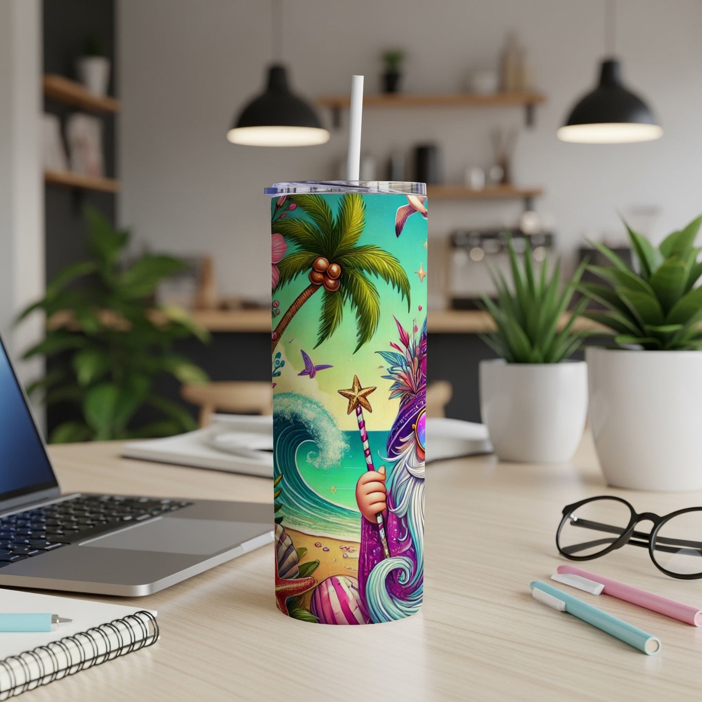 Tall tumbler with colorful tropical beach design featuring a wizard character.