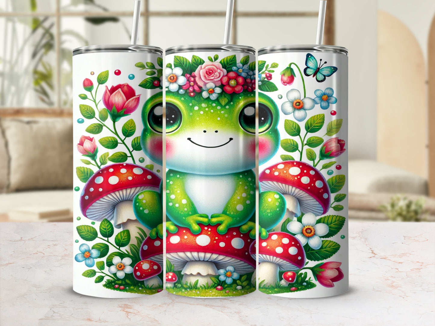 Adorable Frog with Flowers and Mushrooms Tumbler