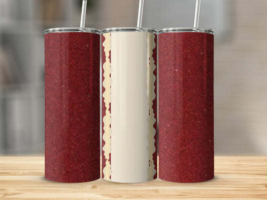 Three glittery red tumblers with a cream stripe and scallop design.