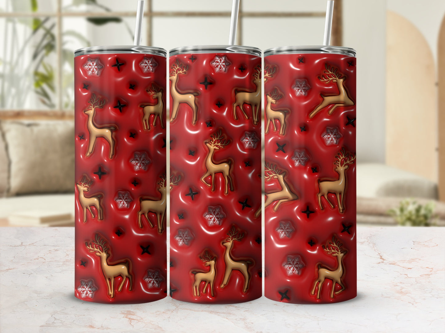 Red Tumbler with Gold Reindeer and Snowflakes Design
