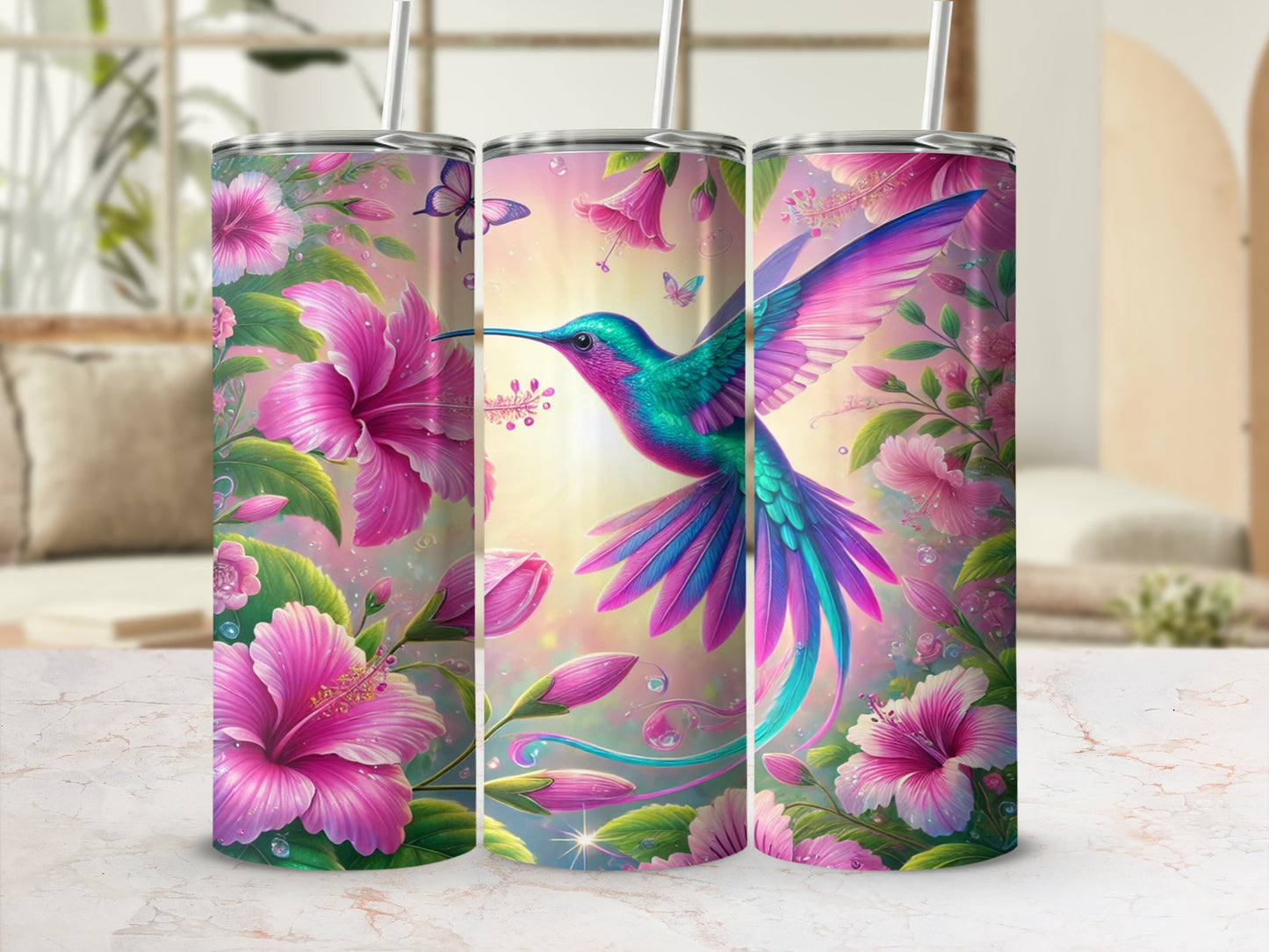 Hummingbird and Pink Floral Insulated Tumbler Product