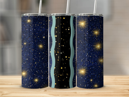 Three tumblers with a dark blue starry night design and gold accents.