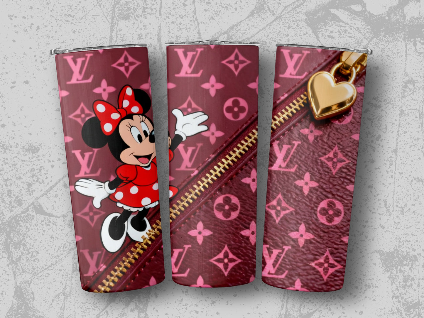 Minnie Mouse on a Louis Vuitton patterned tumbler with a gold zipper.