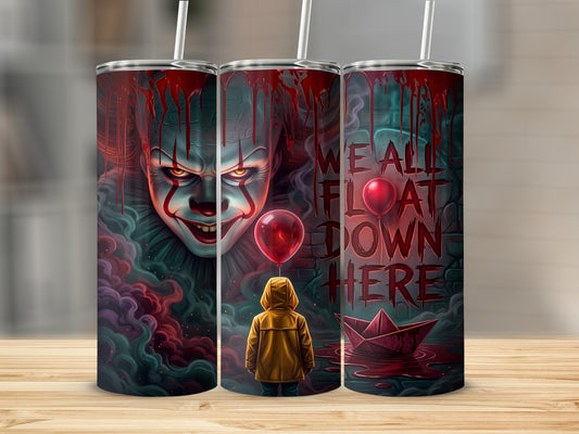Pennywise clown and yellow raincoat kid with "We all float down here" text.